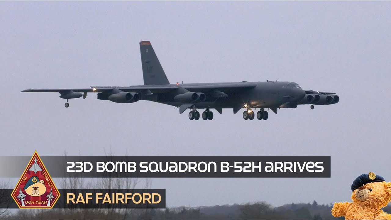 B-52 STRATOFORTRESS MINOT AIR FORCE BASED 23RD BOMB SQUADRON LANDING WITH BRAKE CHUTE • RAF FAIRFORD
