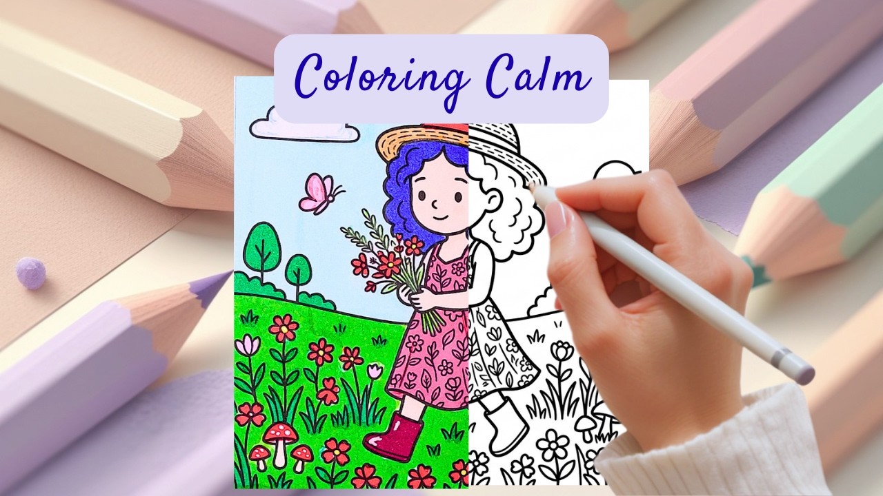 Relaxing Coloring  Cozy Spring Garden Girl 🌸 Calm Coloring Page