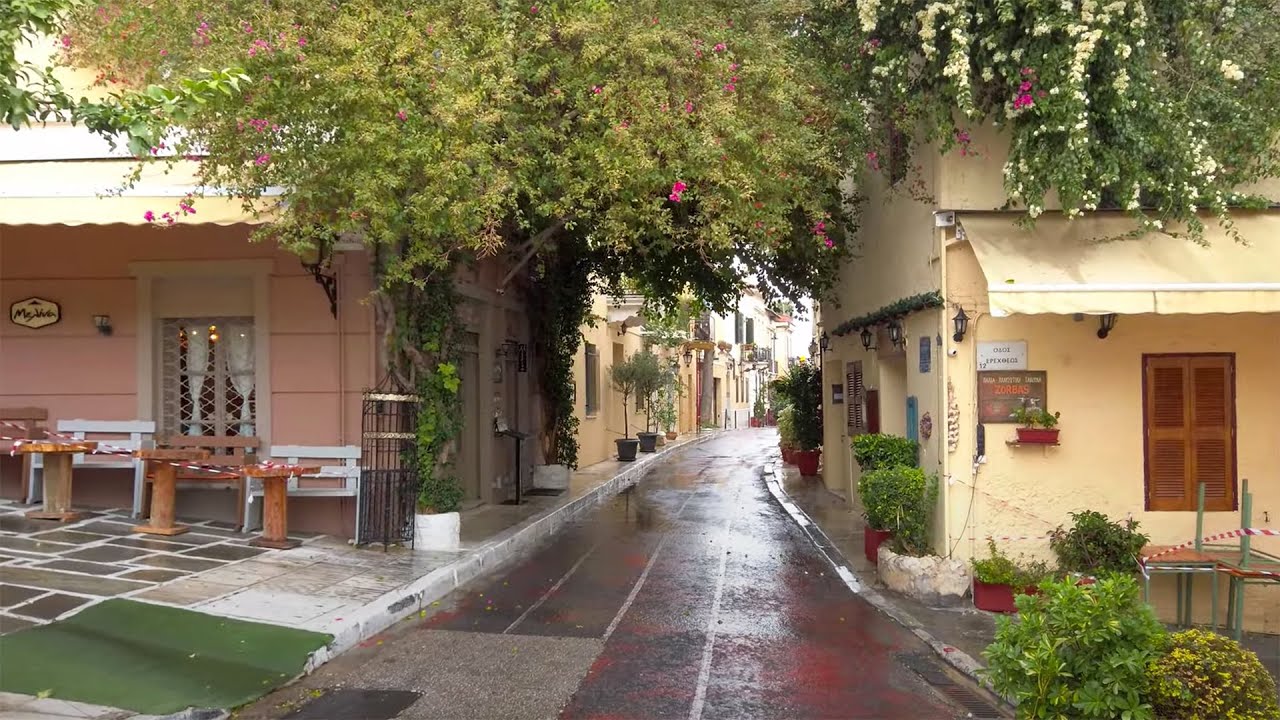 #168 Plaka Athens walk on a Rainy Day