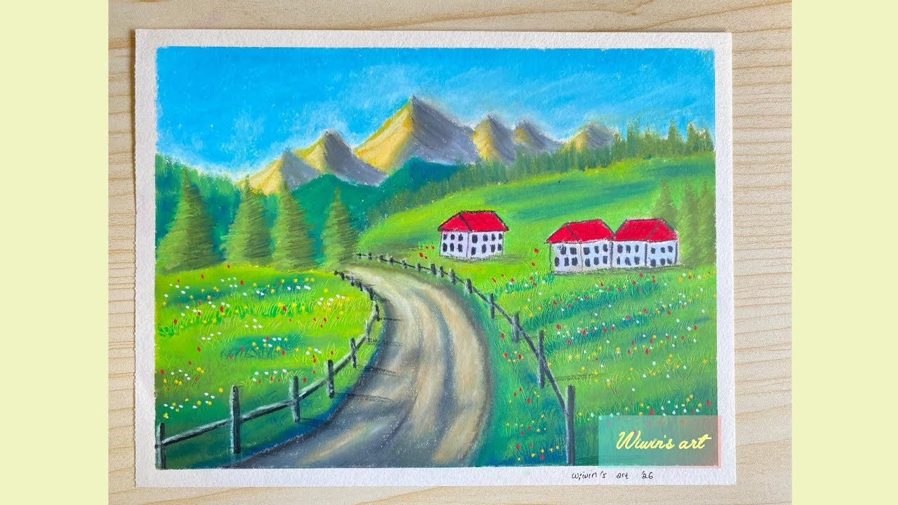 menggambar pemandangan pegunungan dg oilpastel  #pemandangan #pemula #oilpastel #art #menggambar 