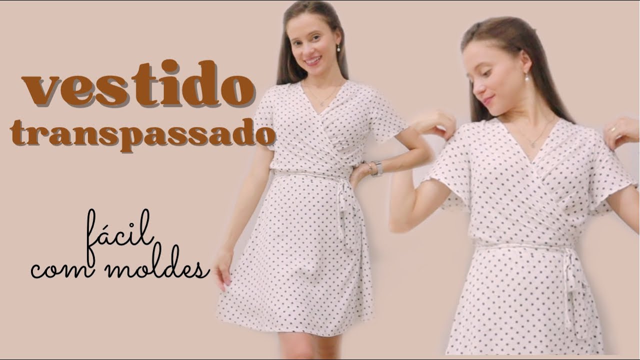 VESTIDO TRANSPASSADO COM AMARRAÇÃO E MANGA | Com moldes