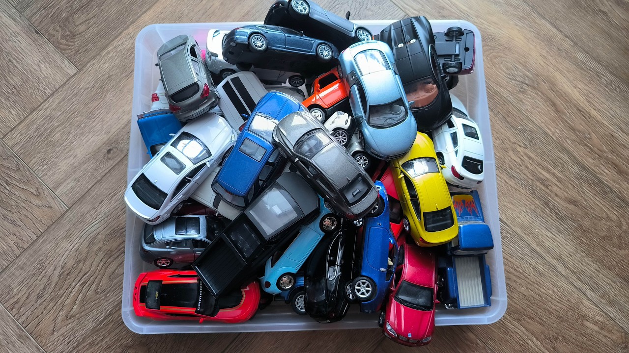 Box Full of Model Cars: BMW 3 series, Audi R8, Mercedes, Tesla CyberTruck, Kia Ceed, VW Beetle