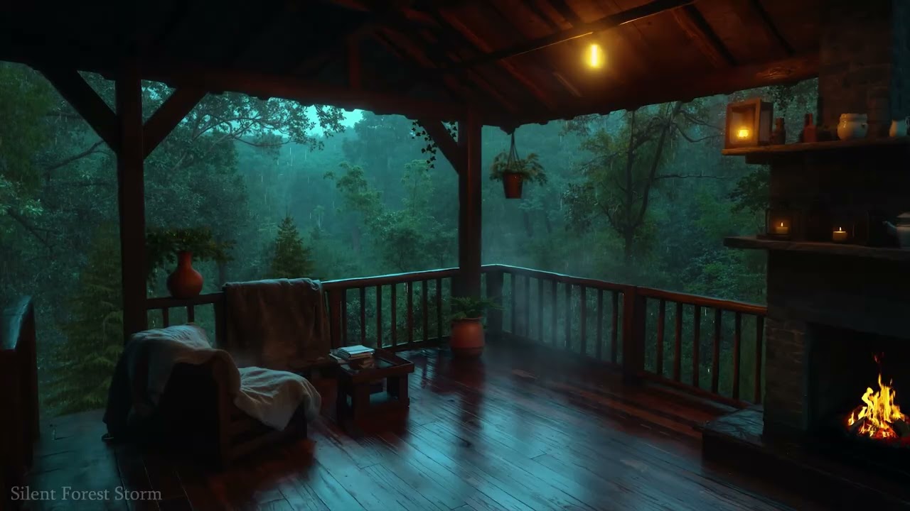 Sleep to Rain & Fire 🌧️ Soft Thunder and Firelight on a Cozy Forest Balcony
