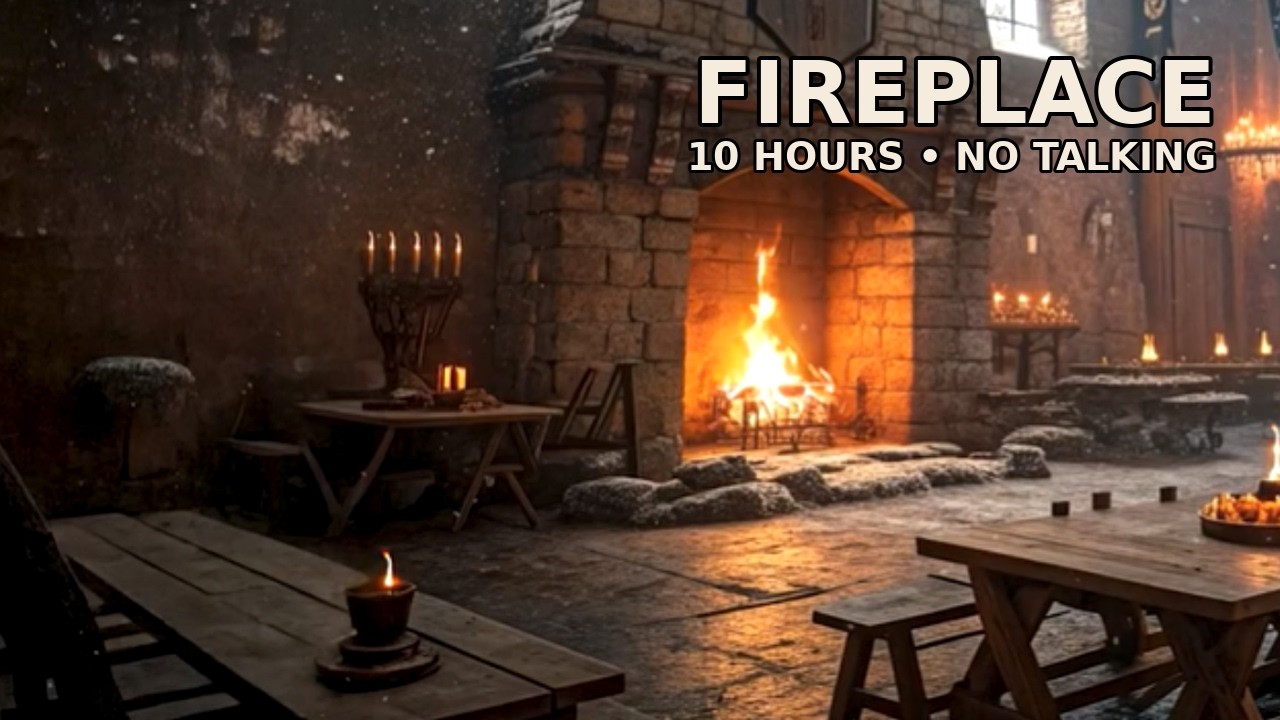 Crackling Fireplace Sounds for Sleep (10 Hours) | Medieval Great Hall Fire (No Music, No Talking)