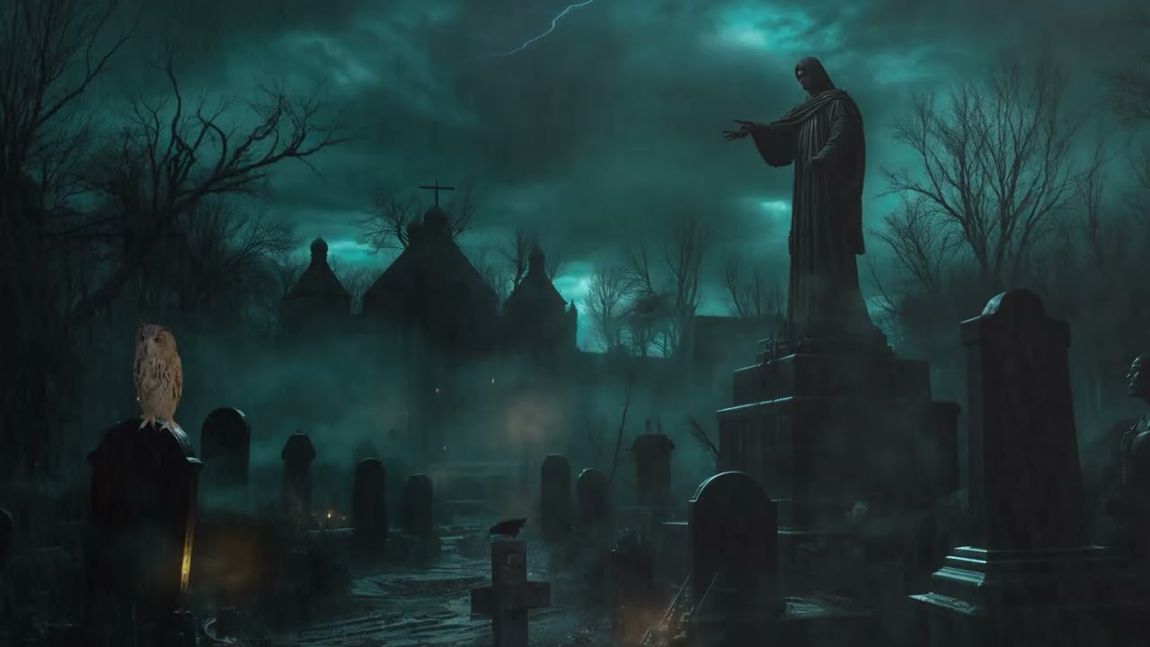 Haunted Graveyard in the Rain 🌧️👻|Spooky Halloween Ambience with Thunder & Distant Church Bells 🕯️⚰️