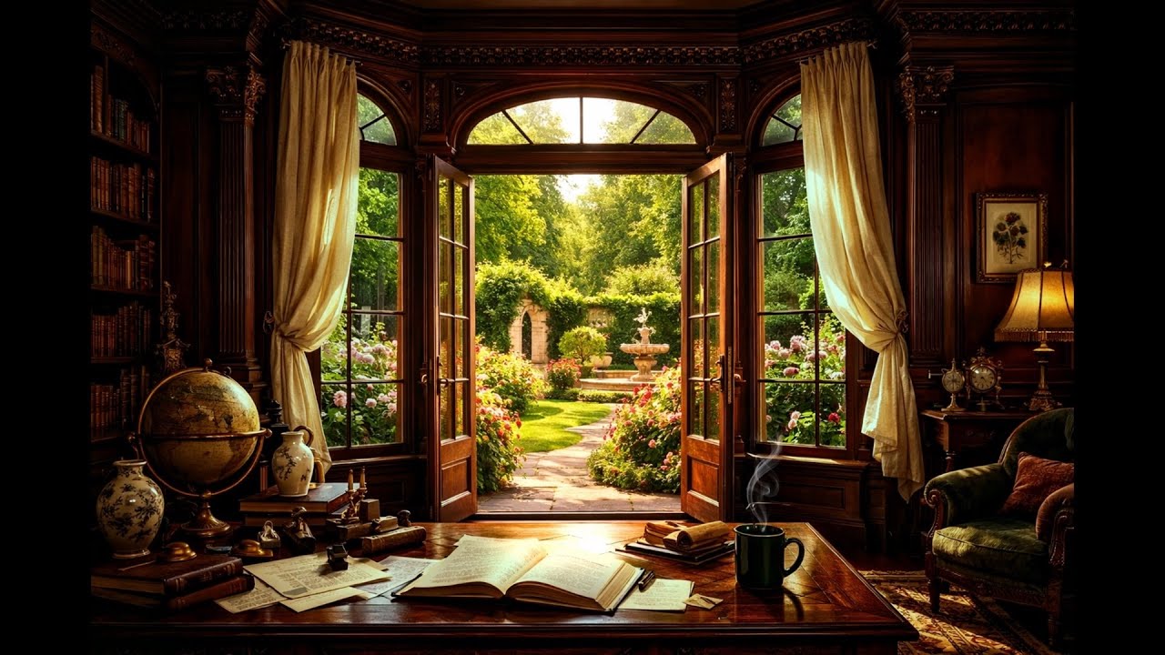 Romantic Regency Study Ambience 🌿 Grand Victorian Library with Lush Garden | 2 Hours Classical Music