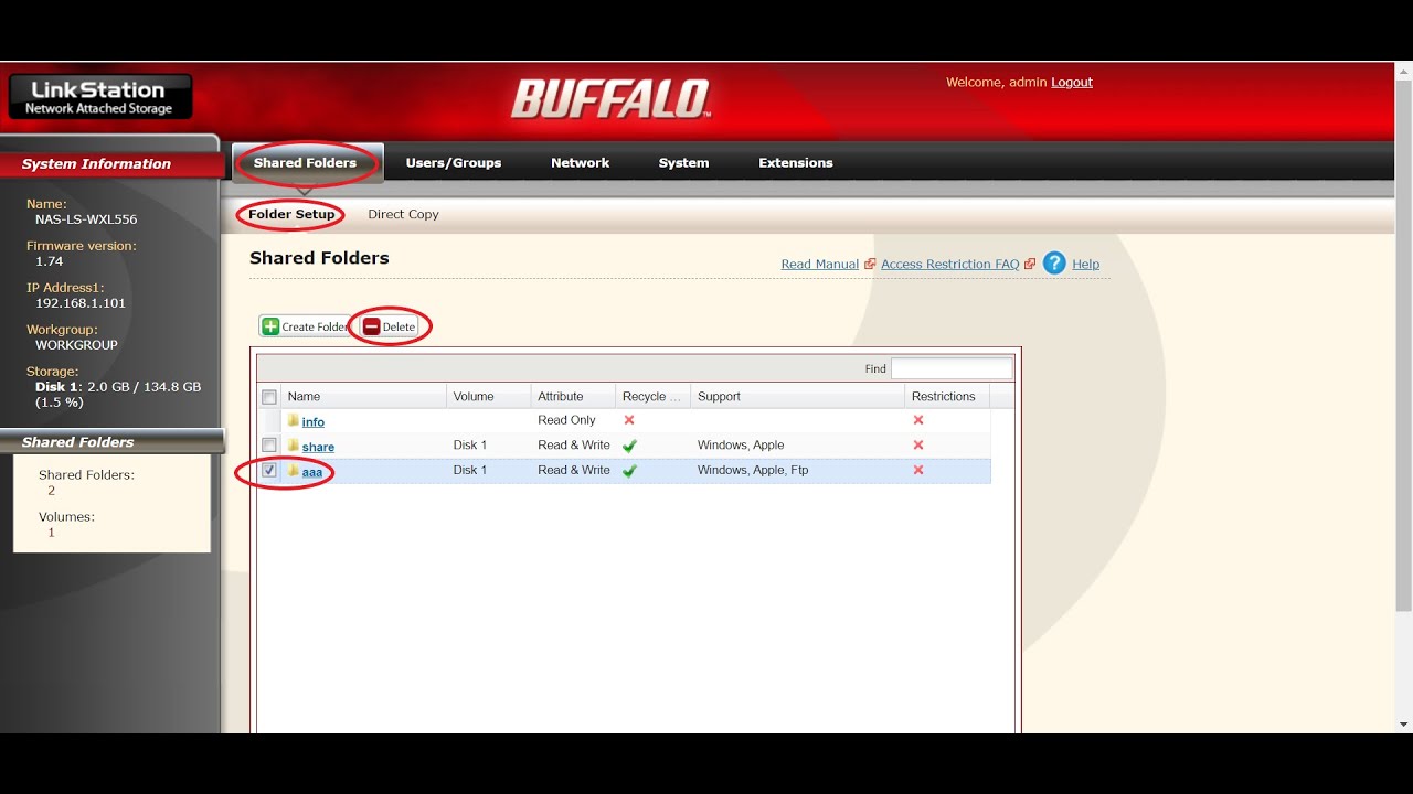 8.1 How to Remove a Shared Folders of NAS Buffalo LS-WXL
