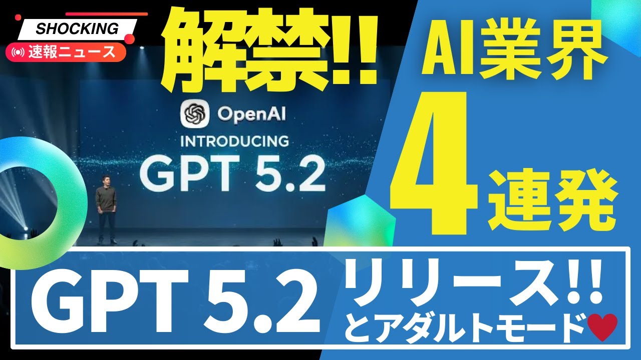 【緊急】OpenAI反撃！GPT-5.2発表・ChatGPTアダルトモード来年解禁・ディズニーがSora提携＆1000億円投資