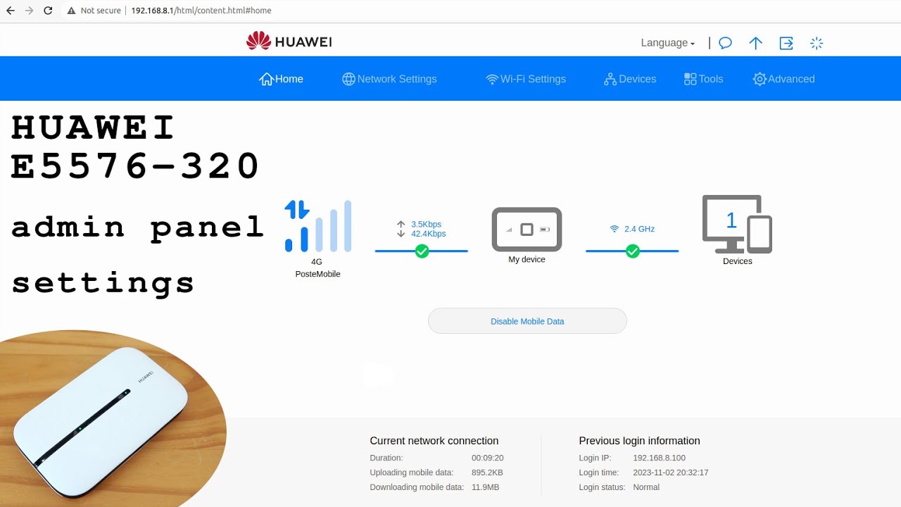Huawei E5576-320 mobile 4G router Wi-Fi &bull; Admin panel login and settings overview