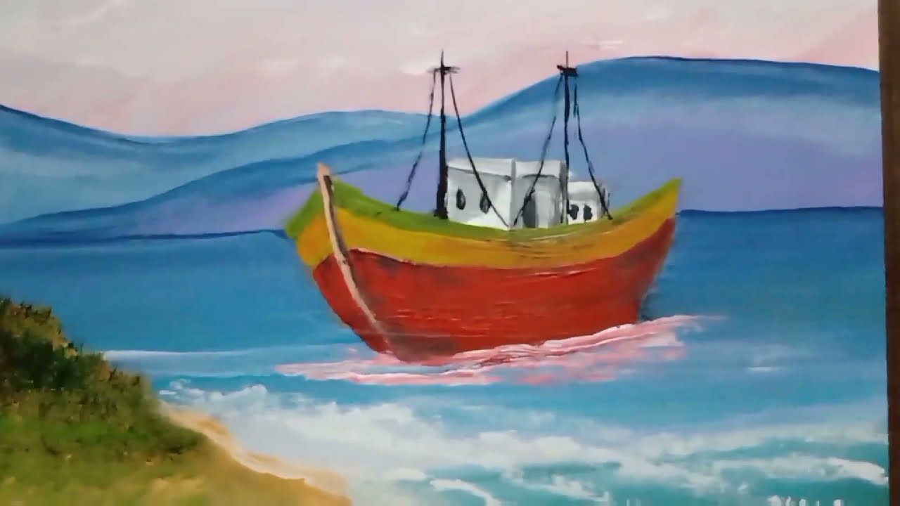 PINTURA PAISAGEM BARCO COM TINTA PVA NA MADEIRA