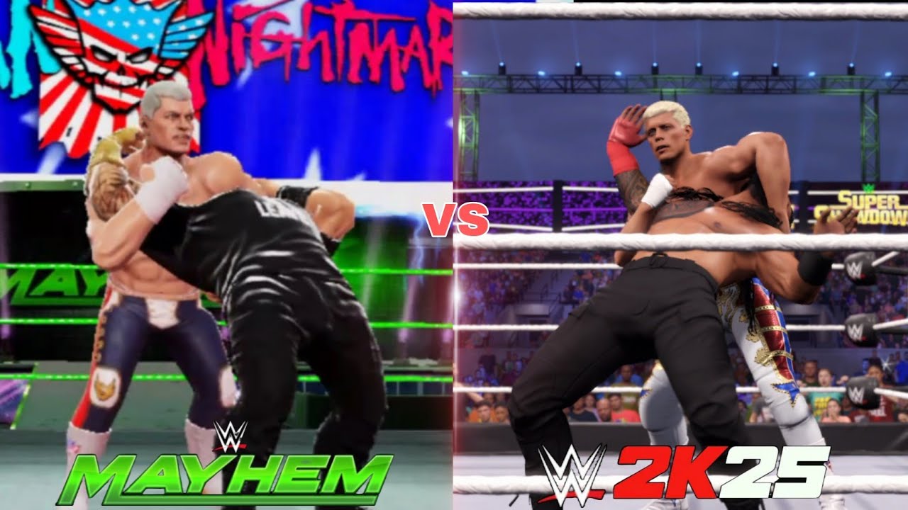 Добивающие приёмы WWE Mayhem против добивающих приёмов WWE 2k25