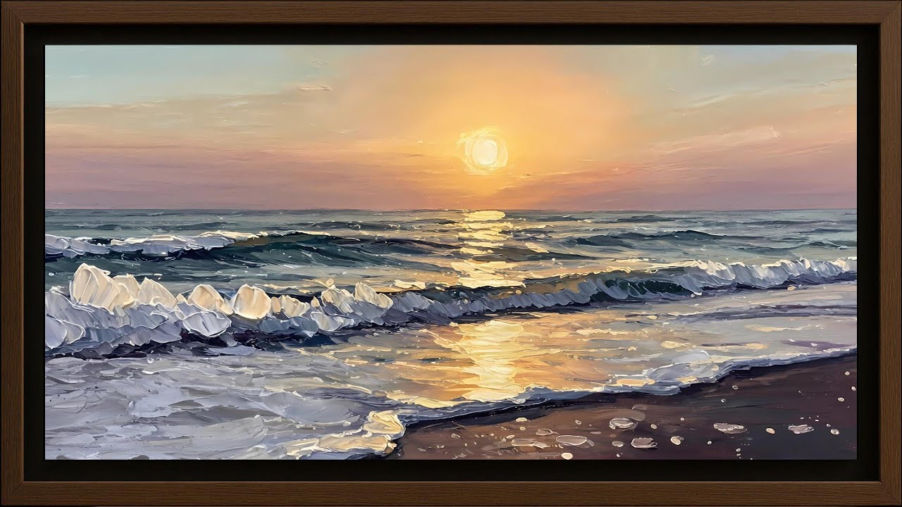 Golden Sunset Waves –4K Framed Art | Olas al Atardecer Dorado–Arte enmarcado 4K | No Music