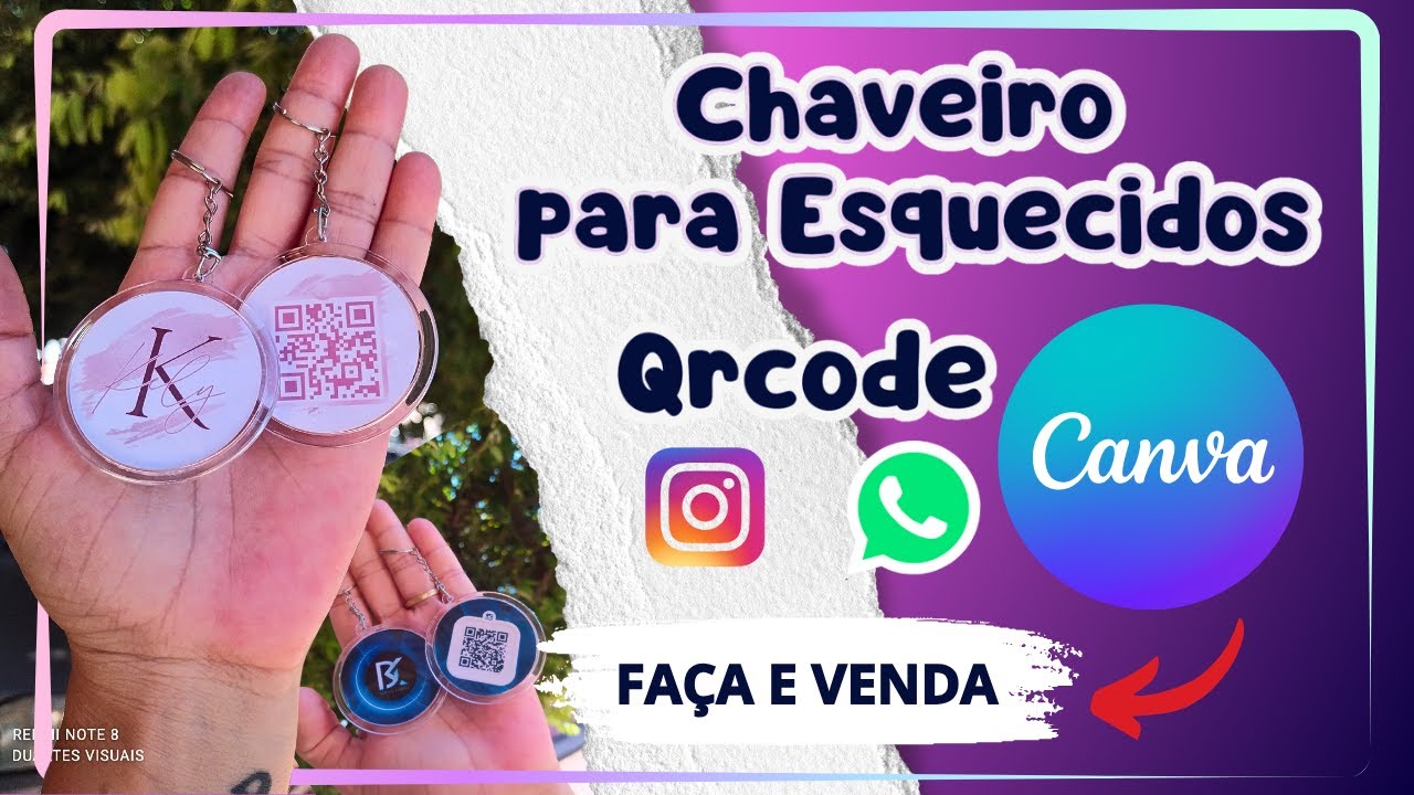 Chaveiro redondo no Canva com QRCODE do Whatsapp e Instagram