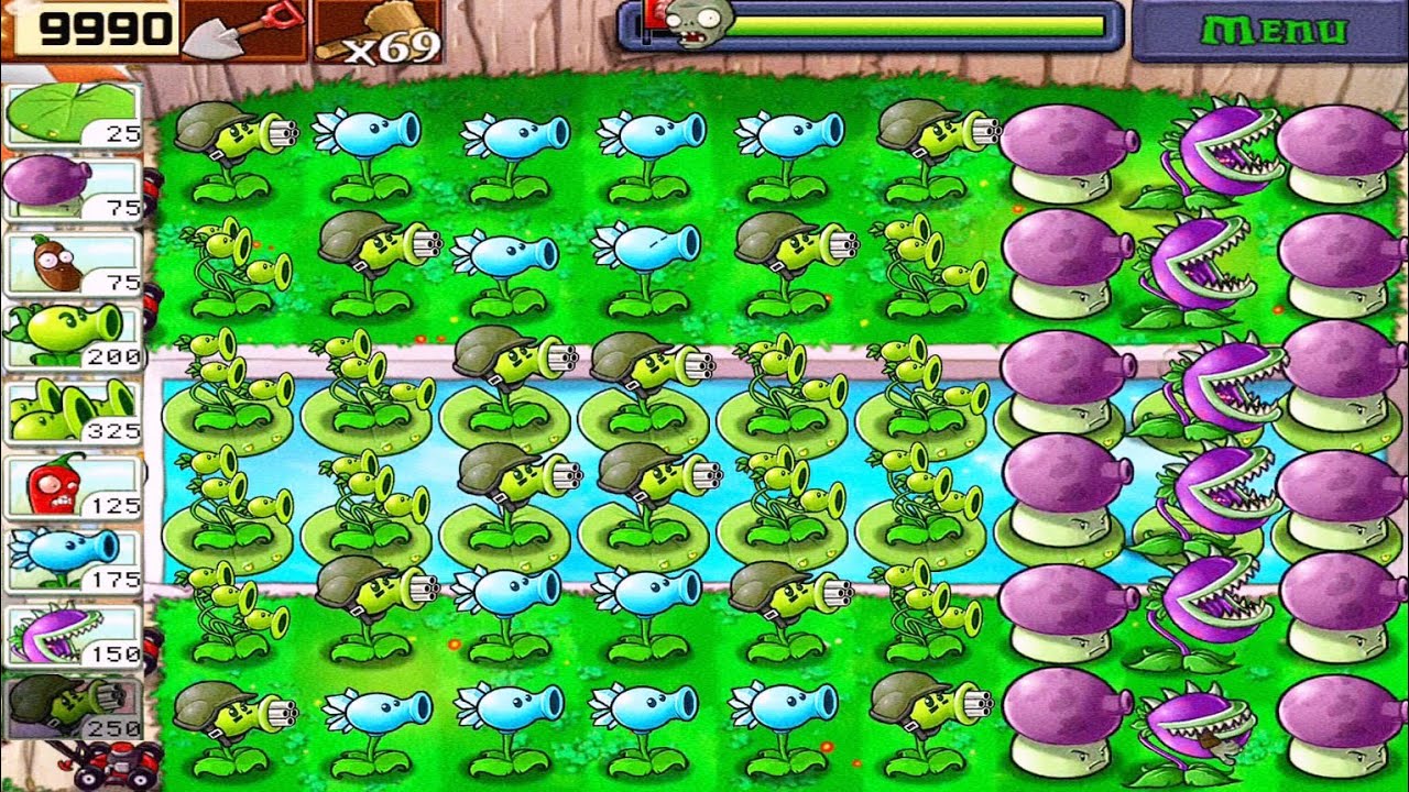 THREE PEA + SNOW PEA + GATLING PEA + FUME + CHOMPER VS ZOMBIES | SURVIVAL POOL | PLANTS VS ZOMBIES