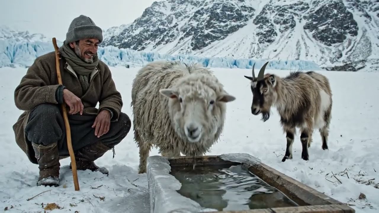 The man and his dog trudged through snow leopards searching for food for their family.