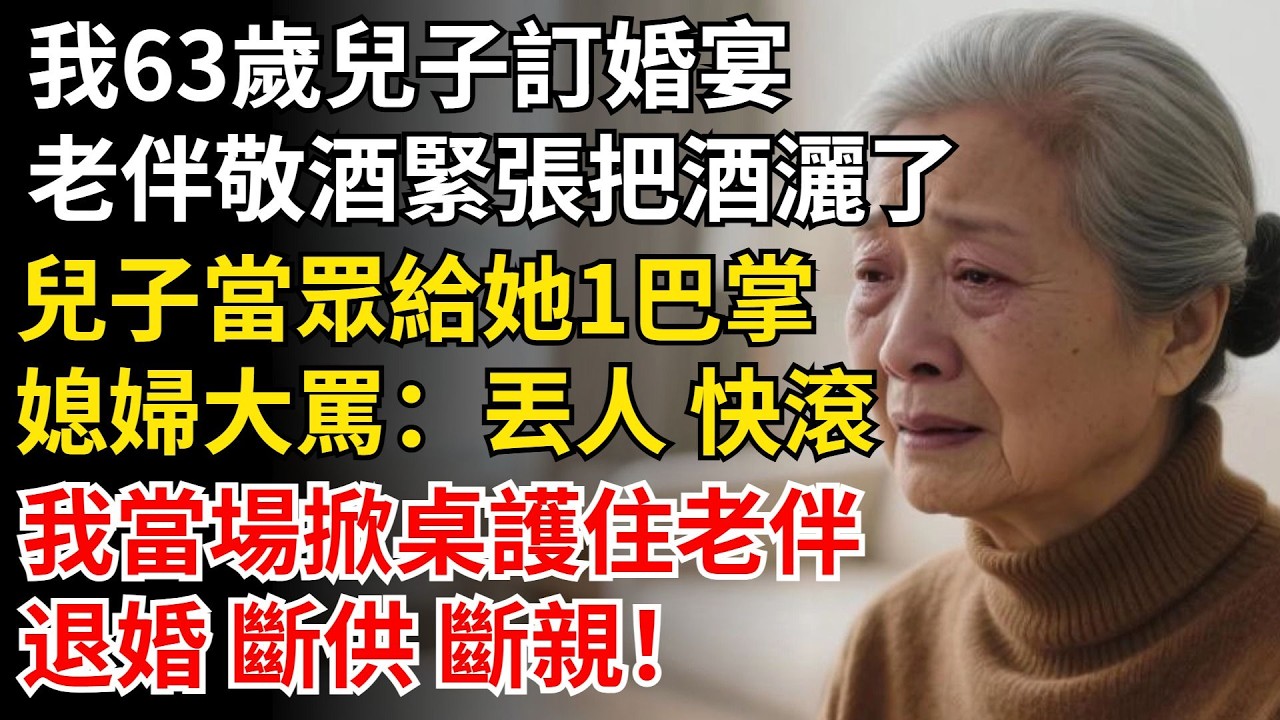 我63岁，兒子訂婚宴，老伴敬酒紧张把酒洒了，兒子當眾给她1巴掌，媳婦大骂：丢人 快滚，我当场掀桌护住老伴：退婚 斷供 斷親！#晚年生活#中老年生活#為人處世#生活經驗#情感故事#幸福人生