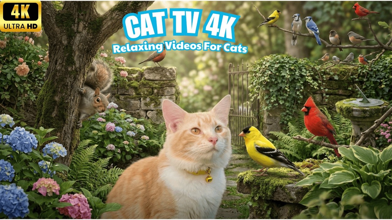 Cat TV 4K HDR 🌿 Birds & Squirrels Fill a Secret Garden Cats Can't Look Away From | Extended Play
