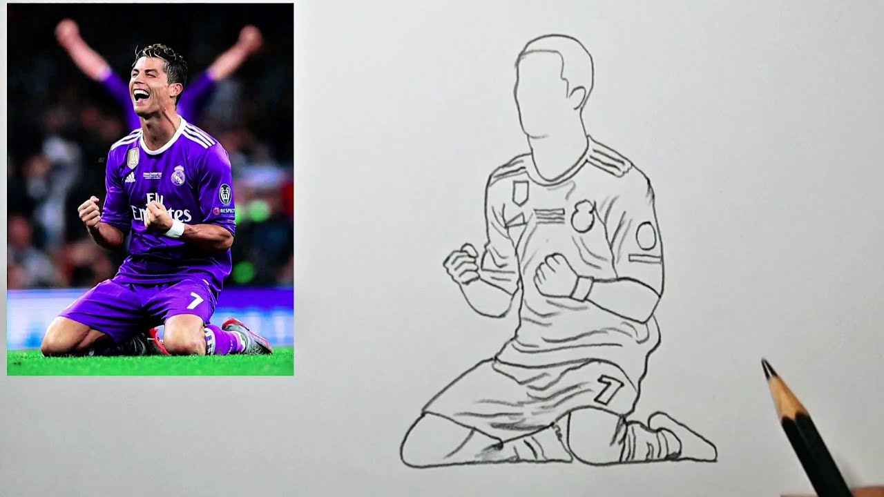 Как нарисовать Криштиану Роналду в скольжении // Урок рисования карандашом от точки к точке