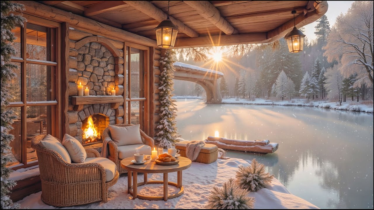 Уютная зимняя веранда у реки ❄️ Расслабляющая фортепианная музыка под потрескивание костра и ветер.