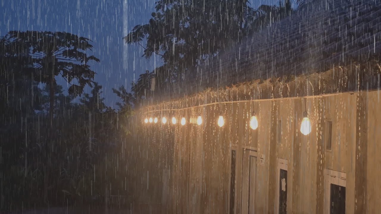 Heavy Rain sound on Roof at Night 🌧️ Cozy Lamp Ambience for Sleep & Relax ( real rain at nigth )