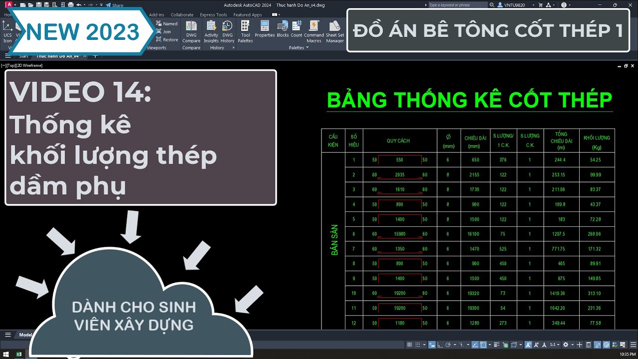 Video 14: Thống kê khối lượng thép dầm phụ (đồ án BTCT1)