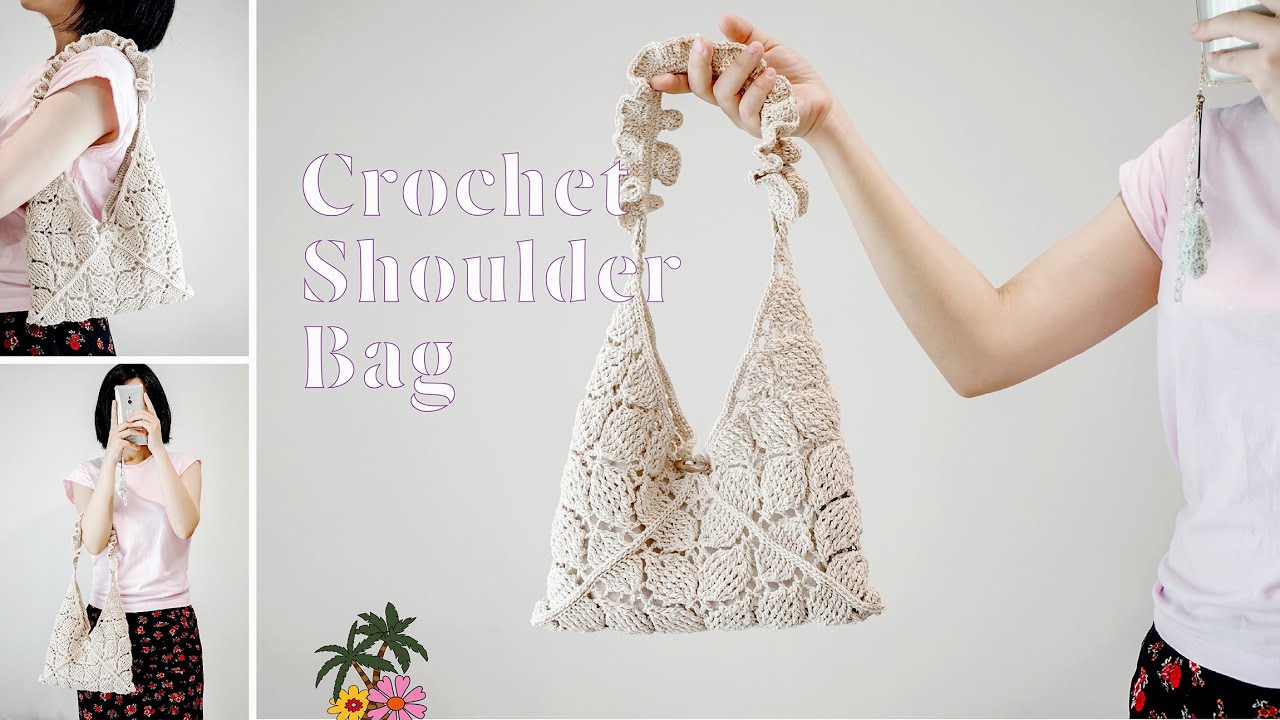 【鉤針包】鉤編葉子圖案單肩包教程🍃｜可愛花邊肩帶   how to crochet shoulder bag