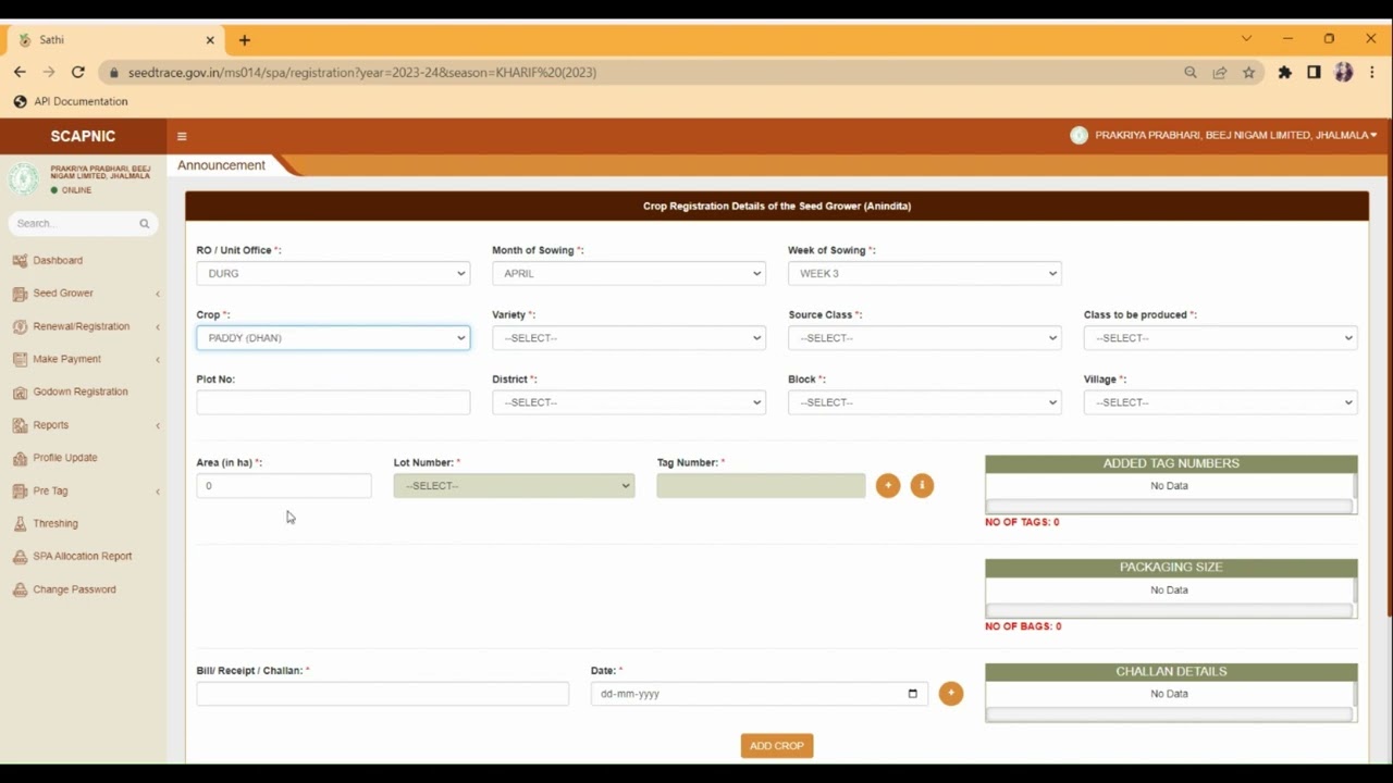 Seed Grower Registration with only pretags