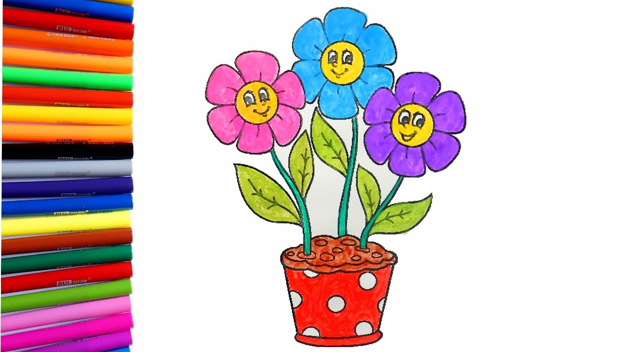 Flower Coloring Pages | Coloring a Flower Pot with 3 Colorful Flowers