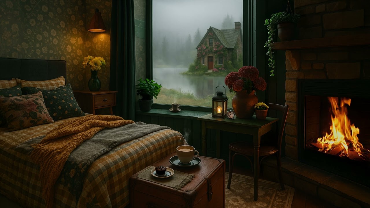 Cozy Bedroom Fireplace Ambience | Misty Cottage Morning in the Countryside (No Music)