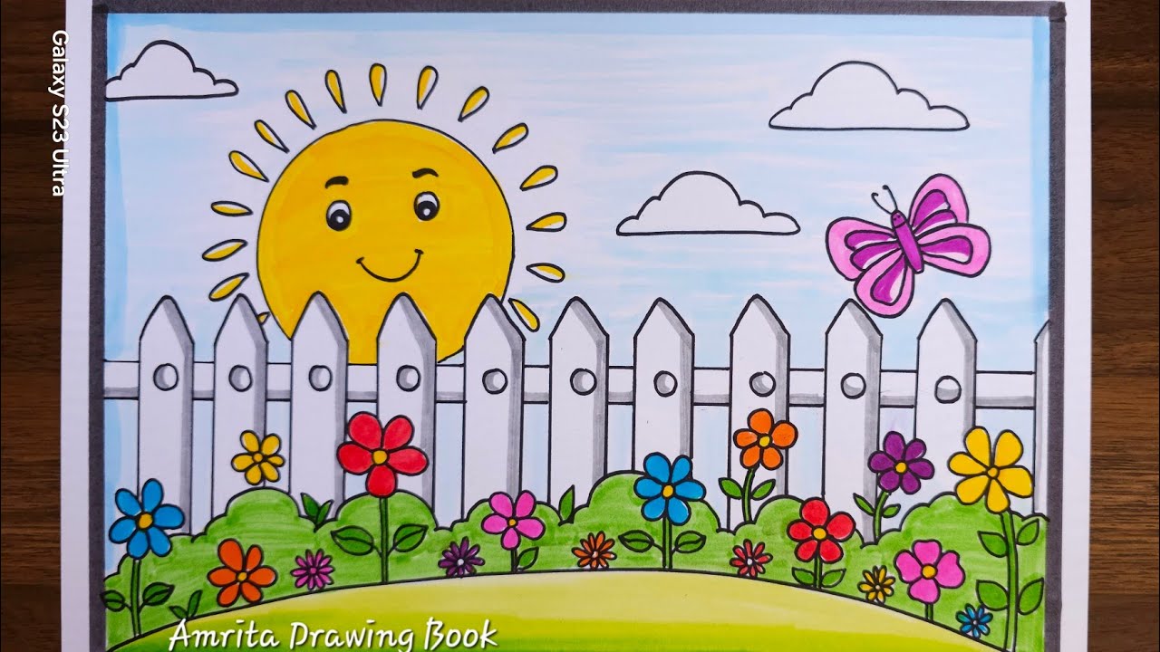 Spring Season Drawing Easy | Spring Season Drawing | How to Draw Spring Season | Flowers and Garden