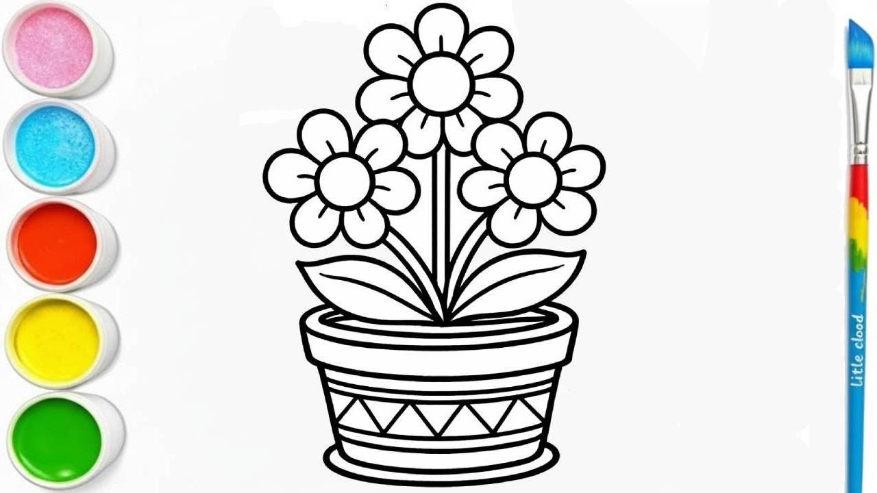 Easy Flower Pot Drawing for Kids 🌼 | Step by Step Coloring & Drawing Tutorial | Little Cloud.