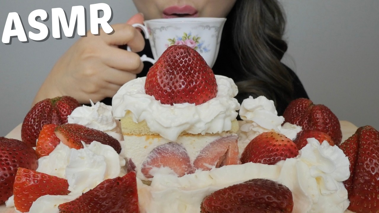 ASMR *FRESH Strawberry and Whipped Cream with Strawberry Cake No Talking Eating Sounds | N.E