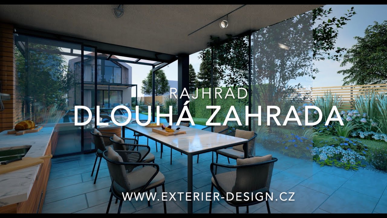 Dlouhá zahrada – moderní zahrada s bazénem, saunou a venkovní kuchyní
