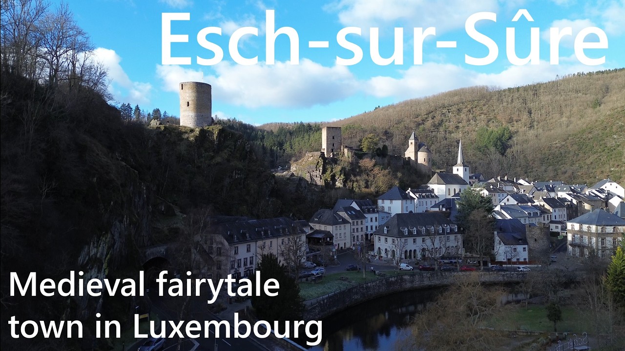 Esch-sur-Sûre in Luxembourg - 10th-century medieval castle from the sky