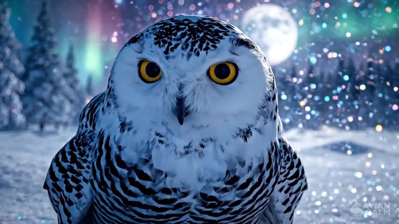 4K Magical Snowy Forest with Majestic White Owls – Peaceful Winter Ambience & Calming Piano Music