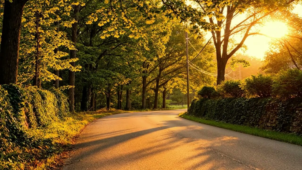 Golden Sunrise Forest Ambience with Gentle Birdsong Echoing Through a Quiet Country Road for Sleep