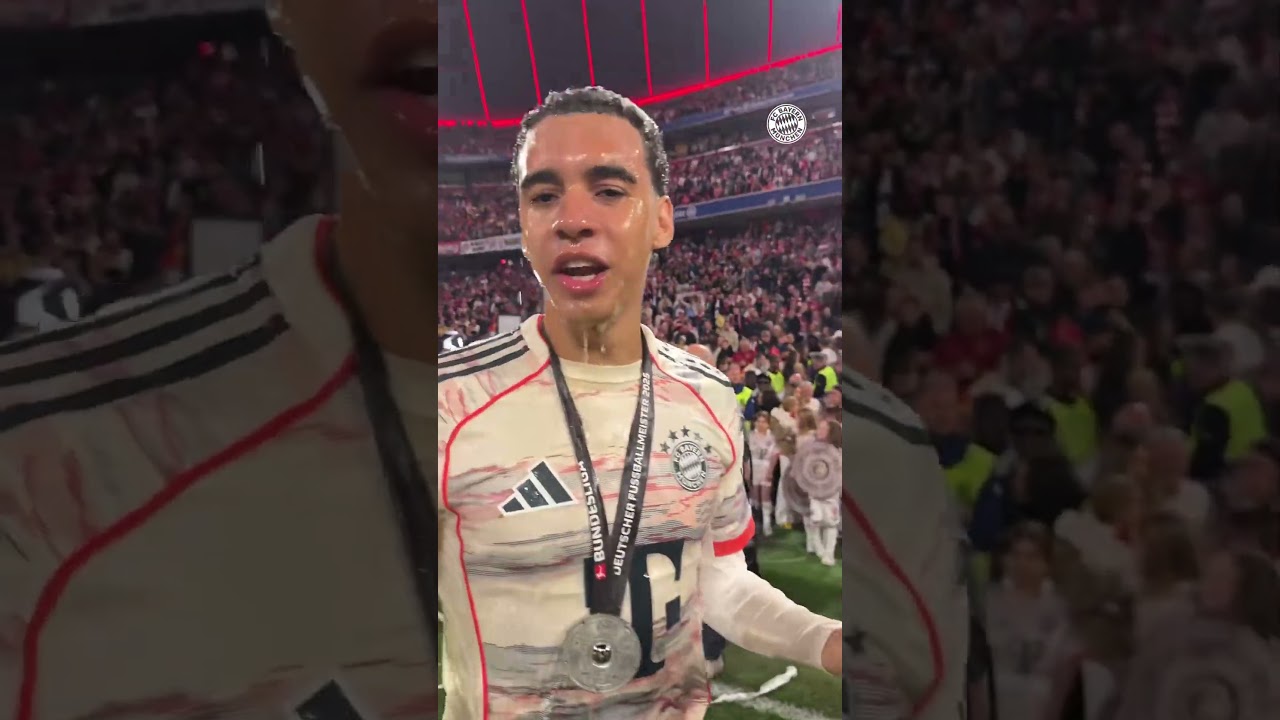 Olise and Jamal Musiala in Bayern's league title celebration 🎉 #soccer #viralvideo #football #bayern