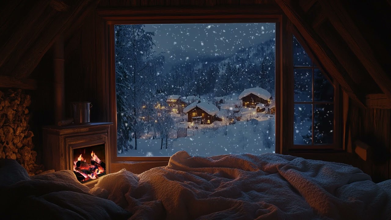 Warm and Cozy Winter Room: Enjoy Snowfall Outside and a Crackling Fireplace - Ambience to Unwind
