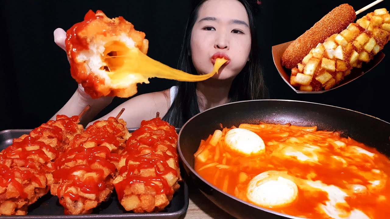 CHEESY POTATO CORN DOGS MUKBANG! Cheddar Potato Corn Dogs & Spicy Rice Cakes! Korean Tteokbokk Asmr