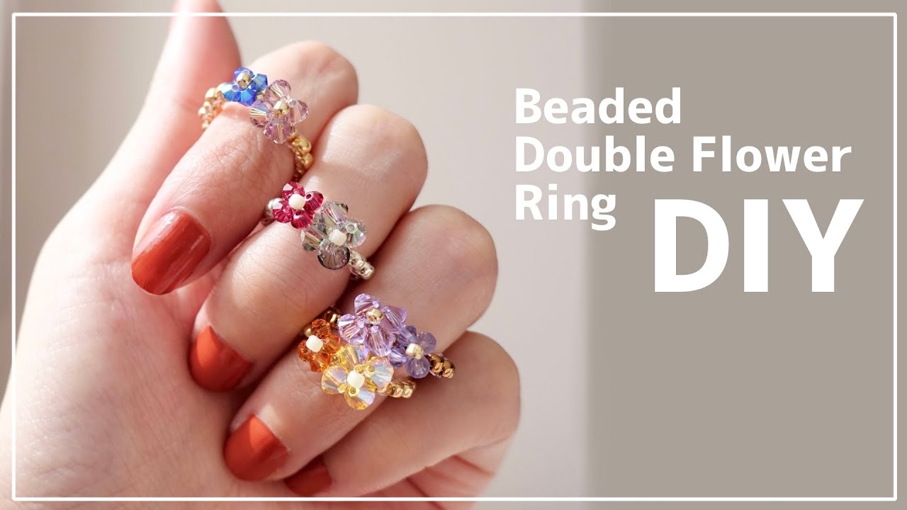 簡単♡ダブルフラワービーズリング💠作り方♪テグス編み|ビーズアクセサリー|ソロバンビーズ Easy! Beaded Double Flower Ring Tutorial |bicone|DIY