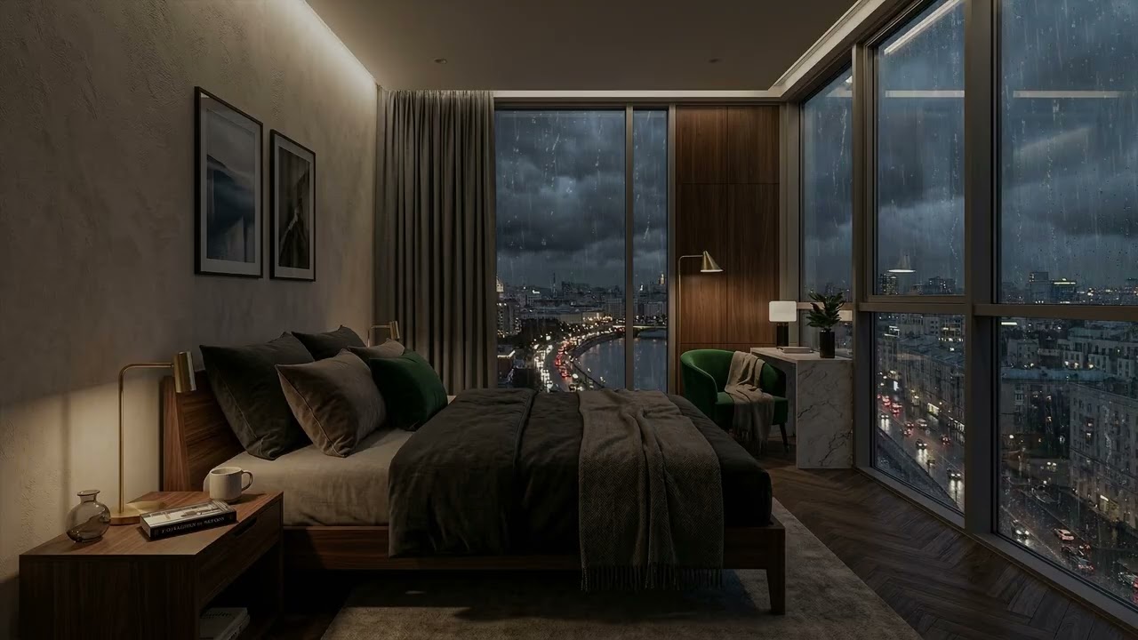 Endless City Rain 🌧️ Falling Across Wet Streets Viewed From A Quiet High Rise Bedroom 🌆