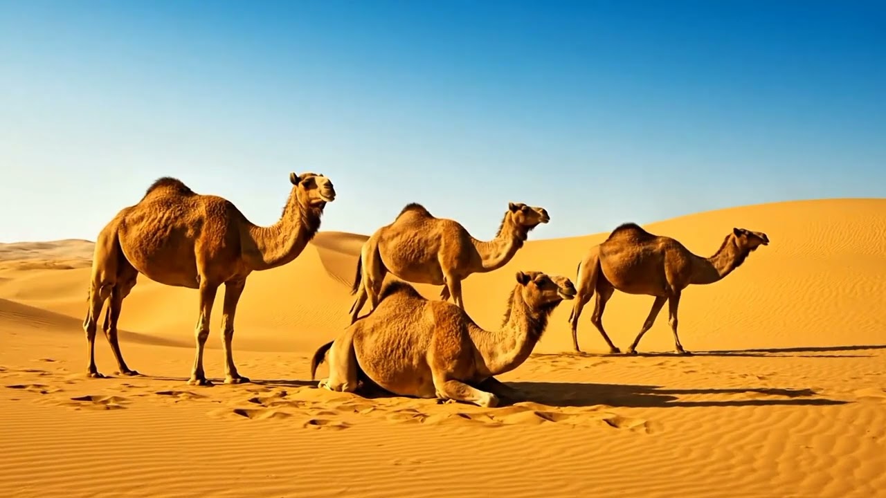 Camels in desert they arrounding very far drinking water in desert#Ai#Video