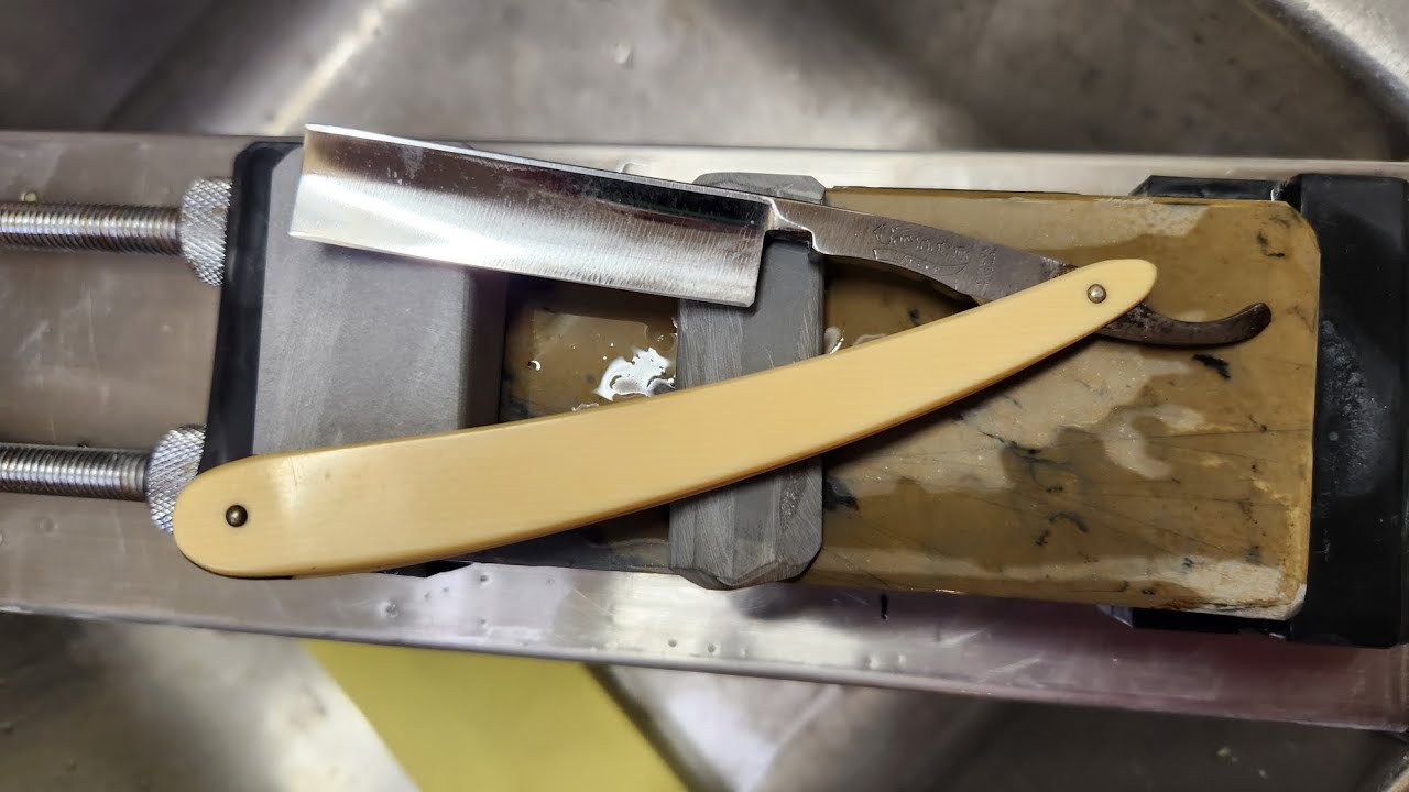 Honing a Genco Safege on a Karasu with a Gray Tam O'Shanter slurry stone and Thuringan Slurry stone