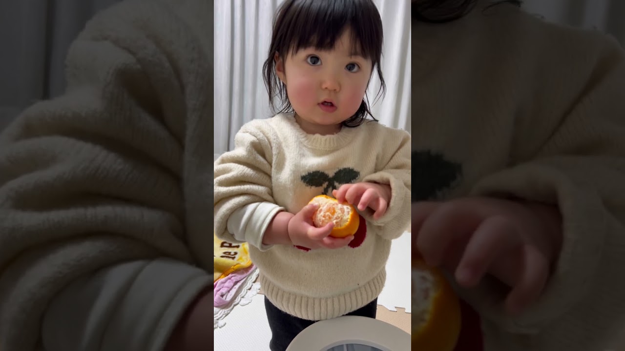 一生懸命剥いたみかんを……【1歳9ヶ月】/I was able to peel a tangerine by myself. I shared some with my mom.