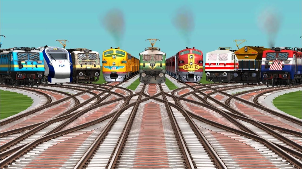 9️⃣ Railgadi Trains Crossing By Bumpy Branched Railroad Tracks || Gaming Videos || Train Simulator 