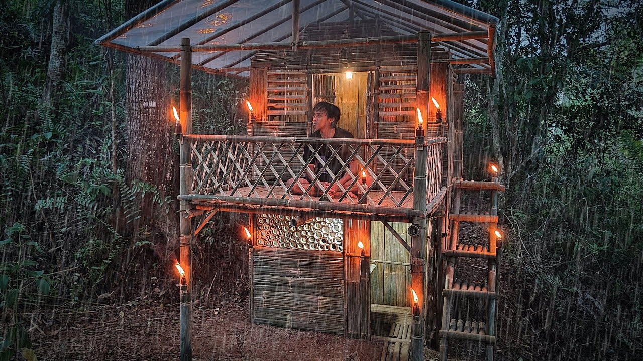 3hari solo camping Membangun tempat berlindung bertingkat dengan tangga bambu minimalis||solo camp