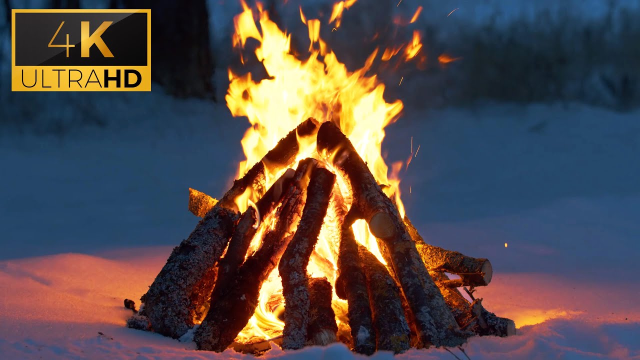 🔥 Cozy Campfire in the Winter Forest (10 HOURS) 4K Ultra HD 🔥 Burning Logs & Crackling Fire Sounds