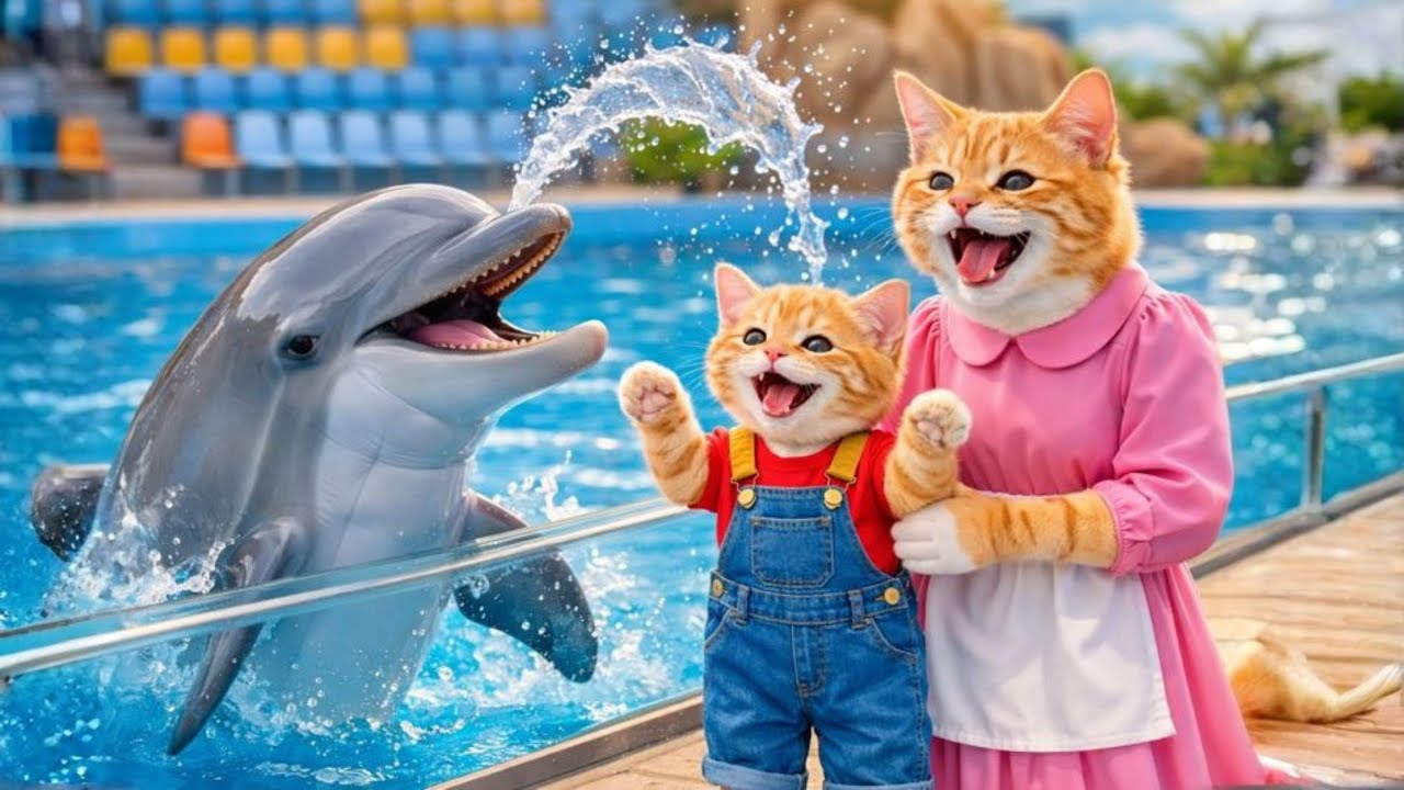🐱 Mom Cat & Kitten | A Joyful Adventure at the Water Park & Dolphin Show 💦🐬