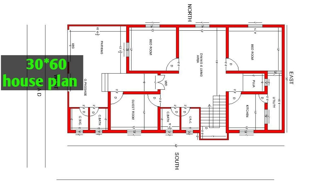 30x60 house plan | 2bhk house plan | west face house plan | parking