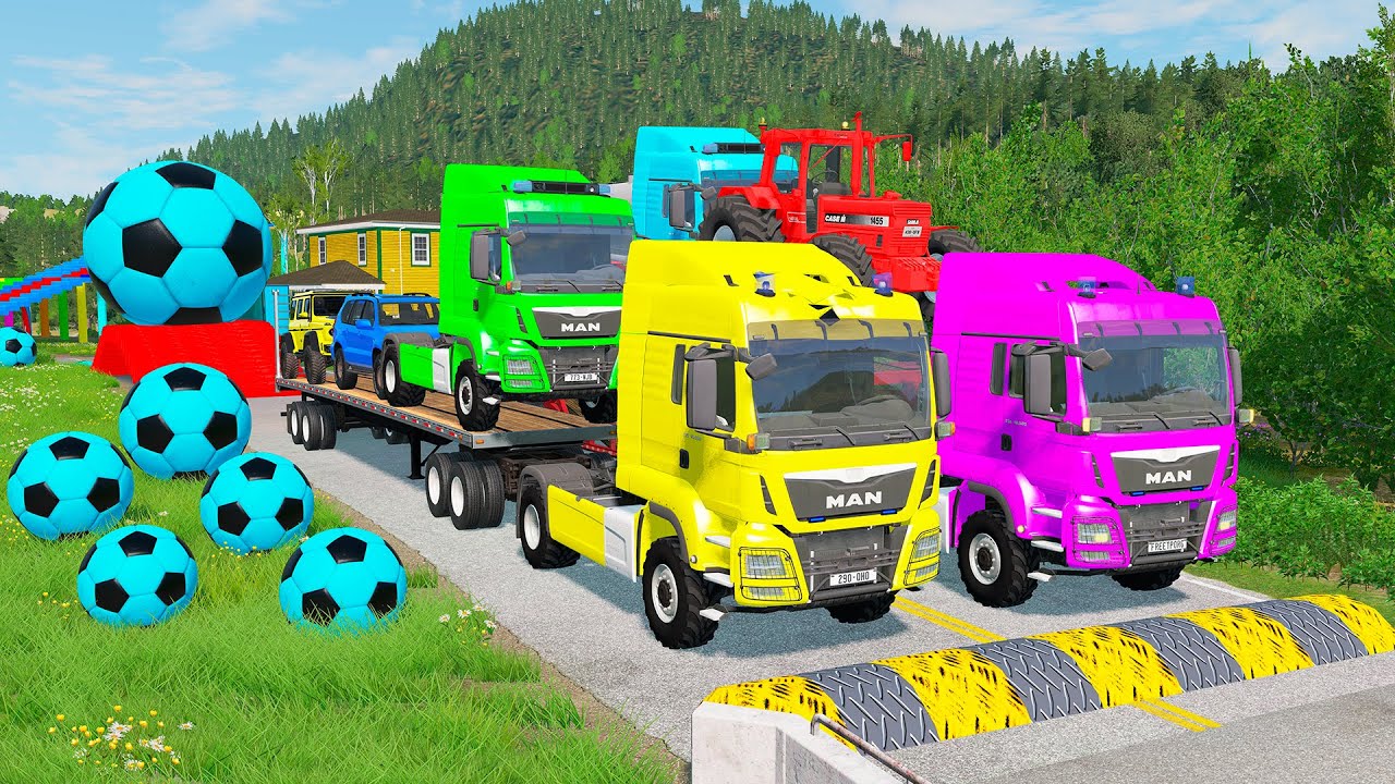 Flatbed Trailer McQueen Transportation with Truck - Speedbumps vs Cars vs Train - BeamNG.Drive #2